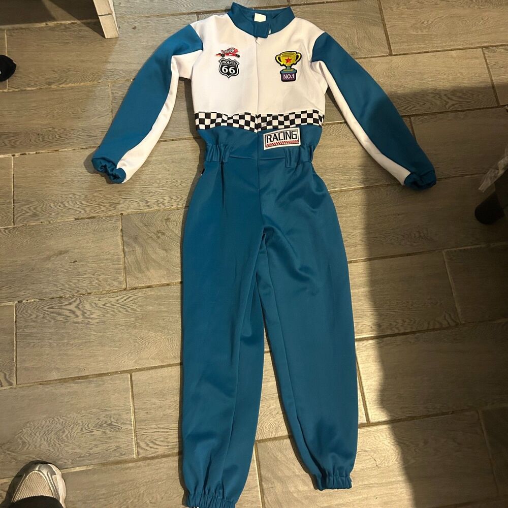 Kids Race Car Driver Halloween Costume Jumpsuit Route 66 & Trophy Patches